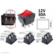 Переключатель 22X30 ON-OFF-ON (2 группы) 6pin KCD2-203N с подсветкой 12V схзема и размеры