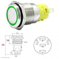 Кнопка антивандальная M16 5pin с подсветкой 12V без фиксации circle плоская зеленая