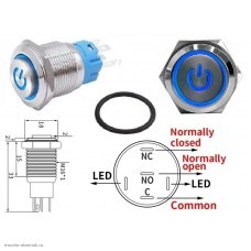 Кнопка антивандальная M16 5pin с подсветкой 12V без фиксации power высокая синяя