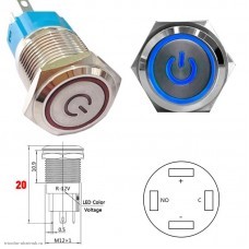 Кнопка антивандальная M12 4pin с подсветкой 12V с фиксацией power плоская синяя