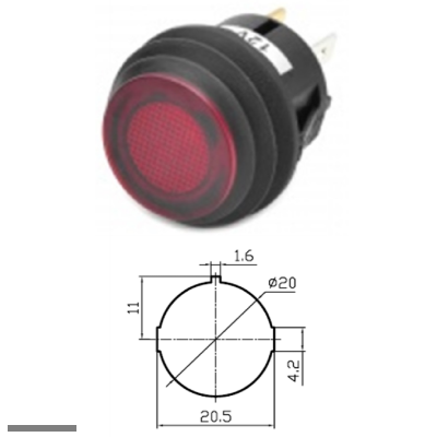 Кнопка d20 OFF-ON 3pin с фиксацией SC-777 влагозащищенная с подсветкой 12V красная