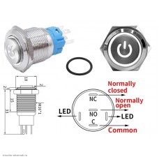 Кнопка антивандальная M16 5pin с подсветкой 12V без фиксации power высокая белая