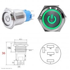 Кнопка антивандальная M16 5pin с подсветкой 12V без фиксации power плоская зеленая