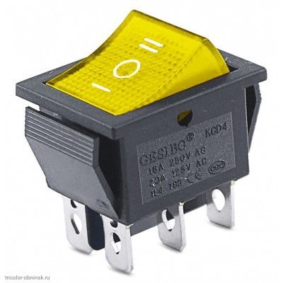 Переключатель 22х30мм на 3 положения нейтраль 6 pin 250V 16А с подсветкой желтый