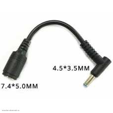 DC-DC переходник 4.5x3.0х0.5 pin штекер - 7.4x5.0x0.6 гнездо (HP,Dell) угловой с проводом